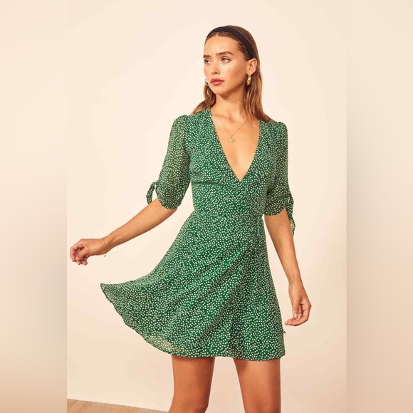 Reformation | Dresses | Reformation Sammy Dress Green Floral Wrap Mini |  Poshmark